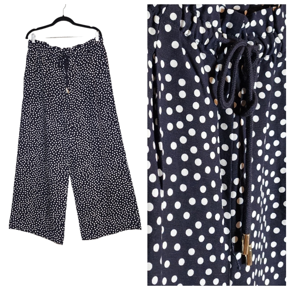 NWT Ann Taylor linen/rayon extra wide leg navy polka dot stretch waist pants L